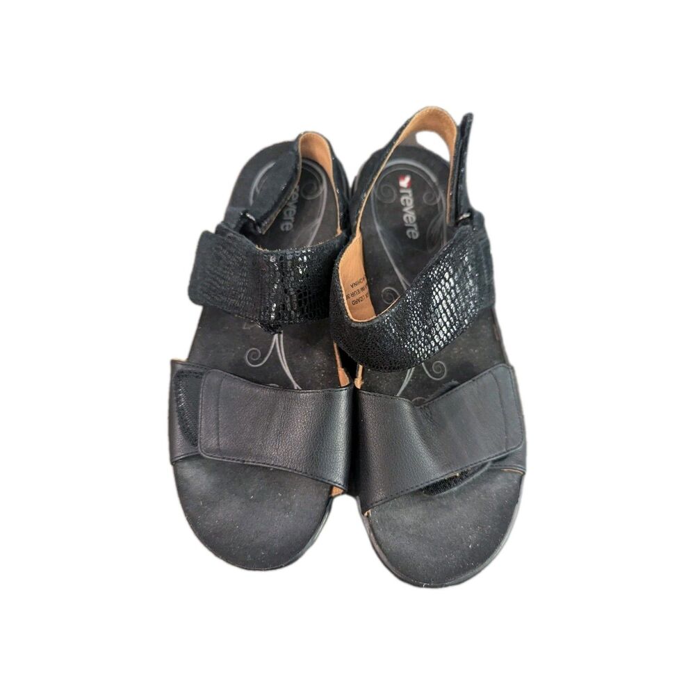 Revere‎ Como  Womens Black Lizard Sandals 39 EU 8  Leather Adjustable Strap